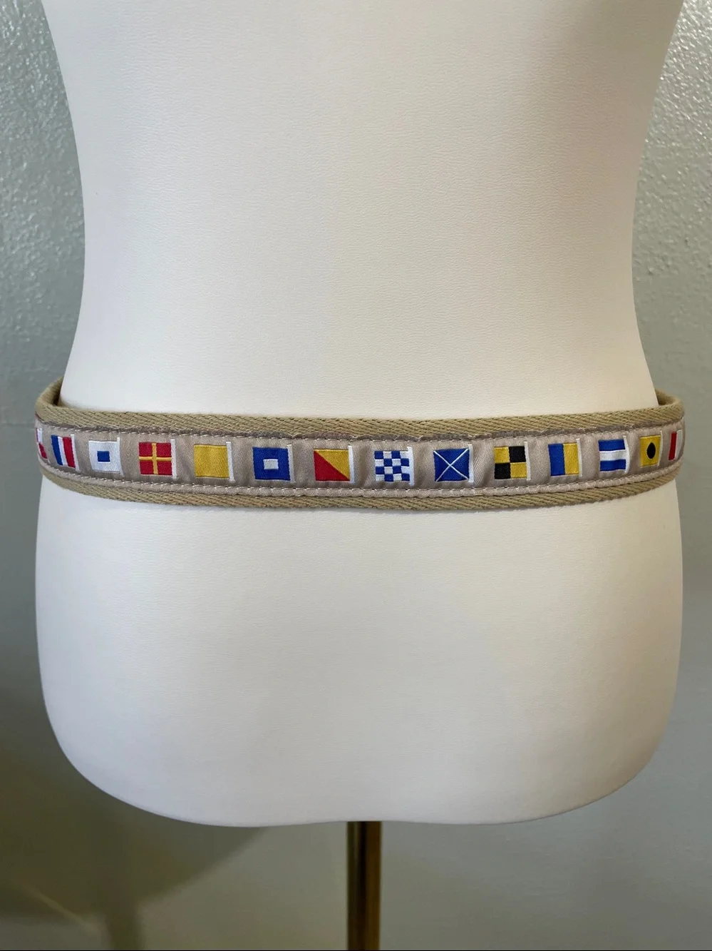 Nautical Flag Ribbon Canvas Leather Trim Belt Brass Buckle Size 38 USA Heritage